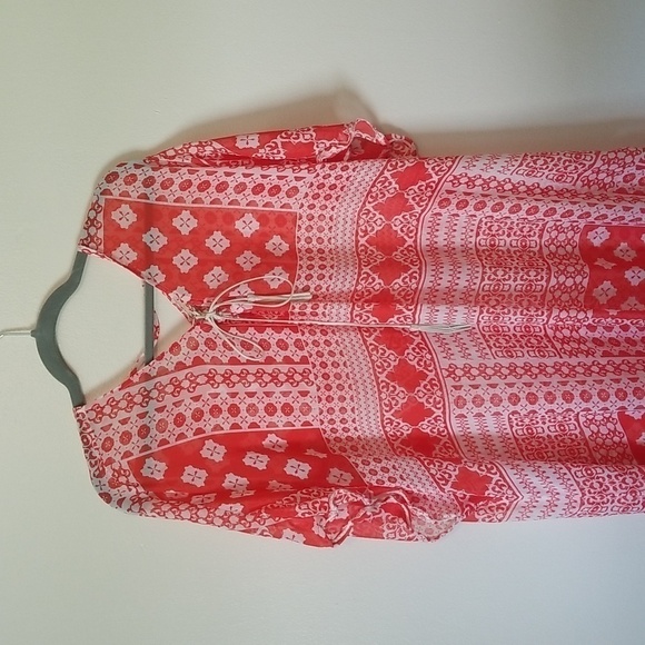 Democracy sheer vneck tunic/coverup w/tassels size 2X orange/white EUC - Picture 1 of 8
